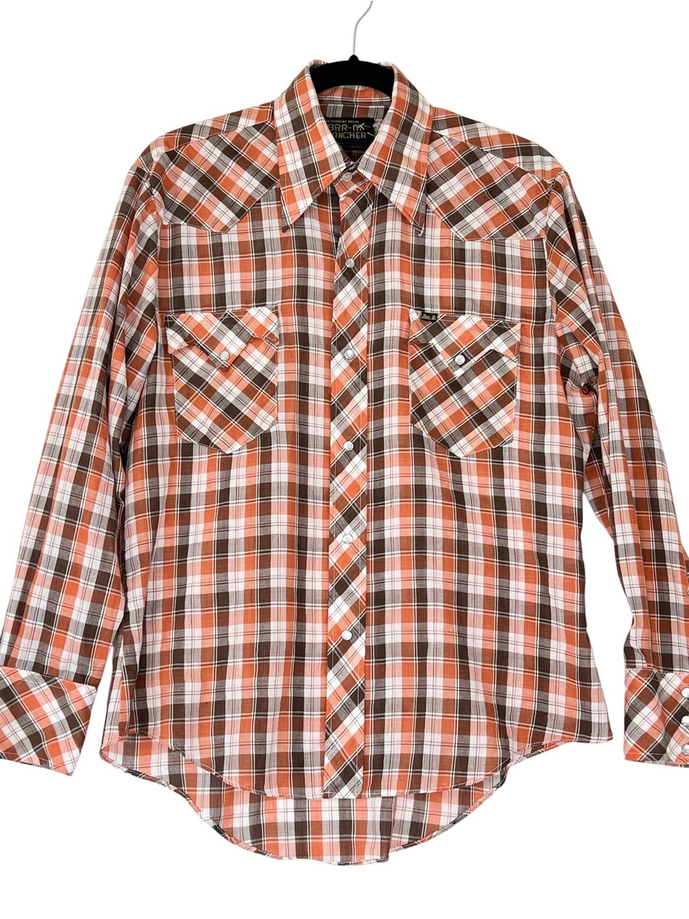 Vintage Bar-M Rancher western pearl snap shirt Sz M Brown Plaid 70s 80s Cowboy